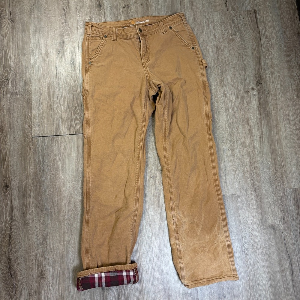 Carhartt Womens Carpenter Pants Plaid Lined Tan Canvas Size 6 Relaxed